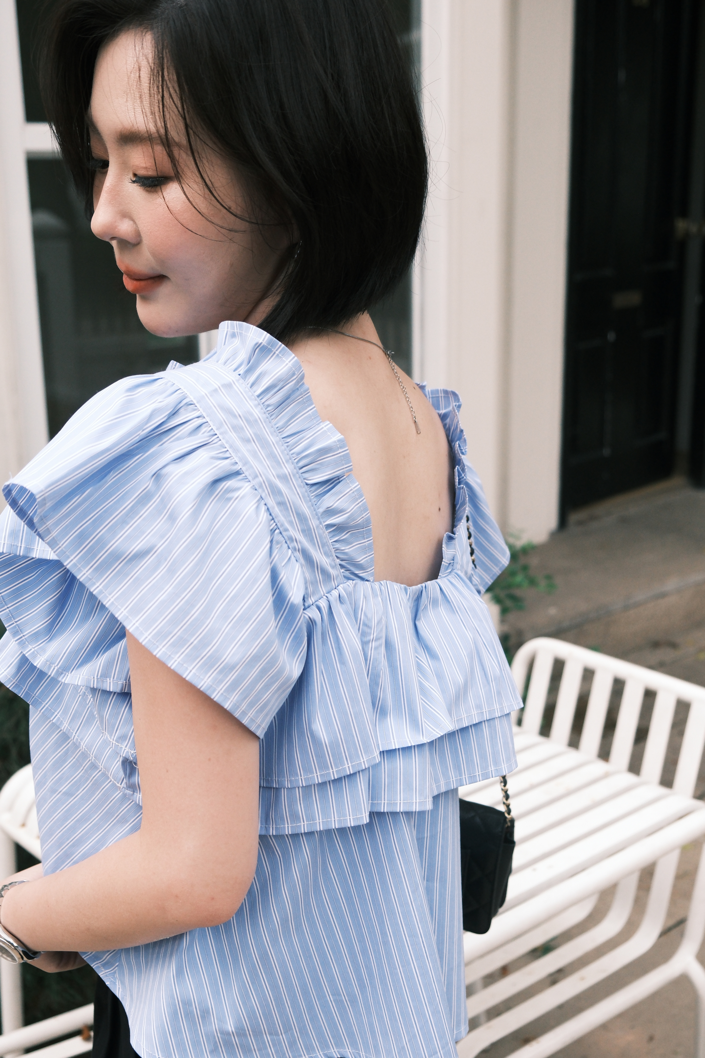 Isla Ruffle Off-Shoulder Top in Dark Blue