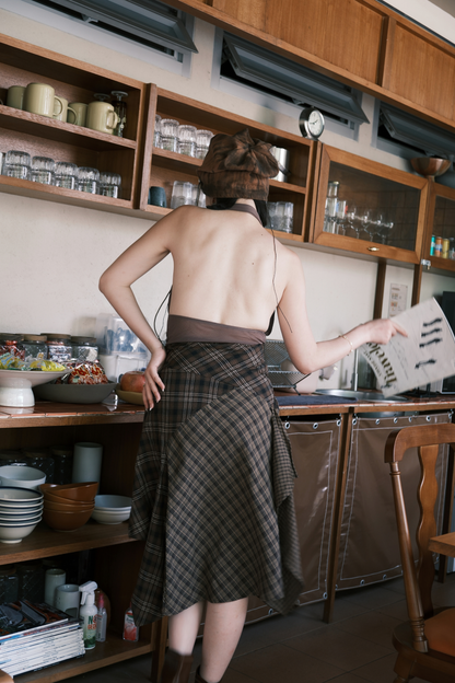 Mocha Check Asymmetry Skirt