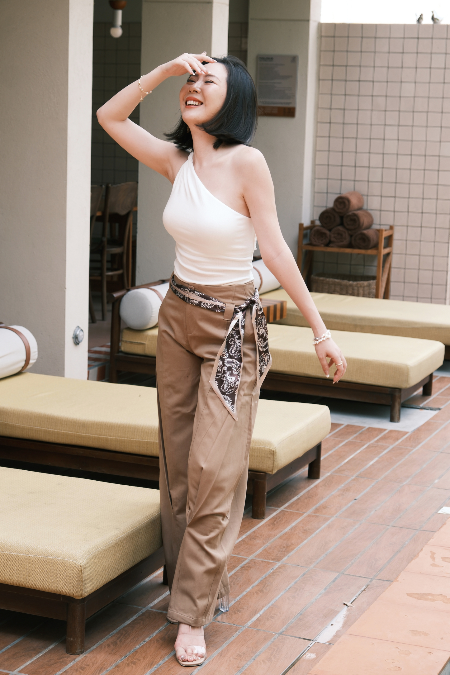 Camel Scarf-Tie Wide-Leg Pants