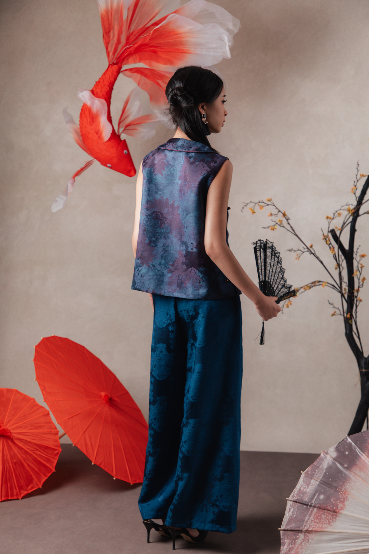 Alessia Damask Wide-Leg Pants in Blue