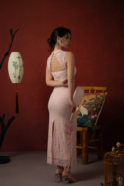 Roselle Lace Cheongsam Dress in Blush Pink