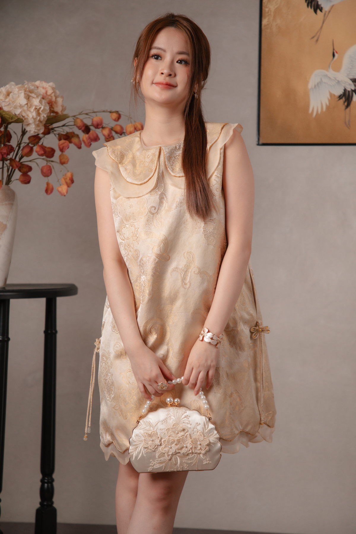 Elara Lotus Cheongsam Dress in Cream