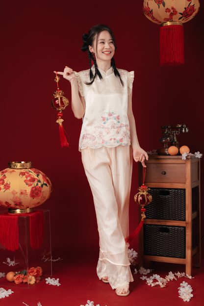 Élise Pearl-Sheen Lace Wide-Leg Pants (In-Stock)