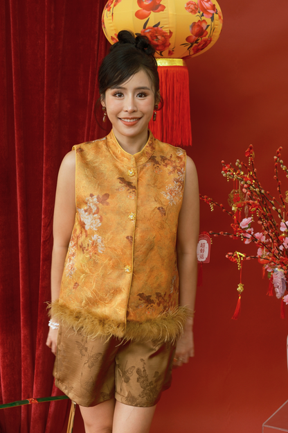 Golden Bloom Feather-Trim Mandarin Vest (In-Stock)