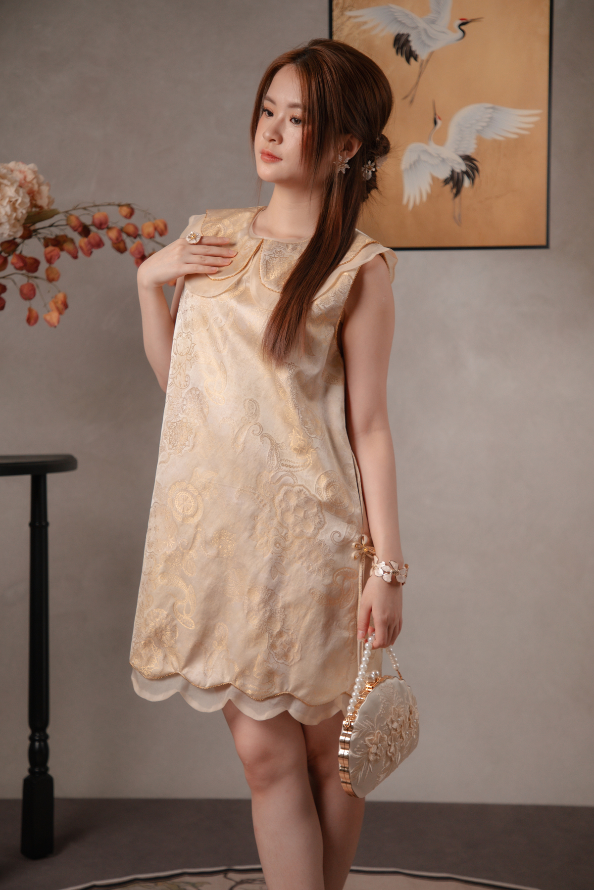 Elara Lotus Cheongsam Dress in Cream
