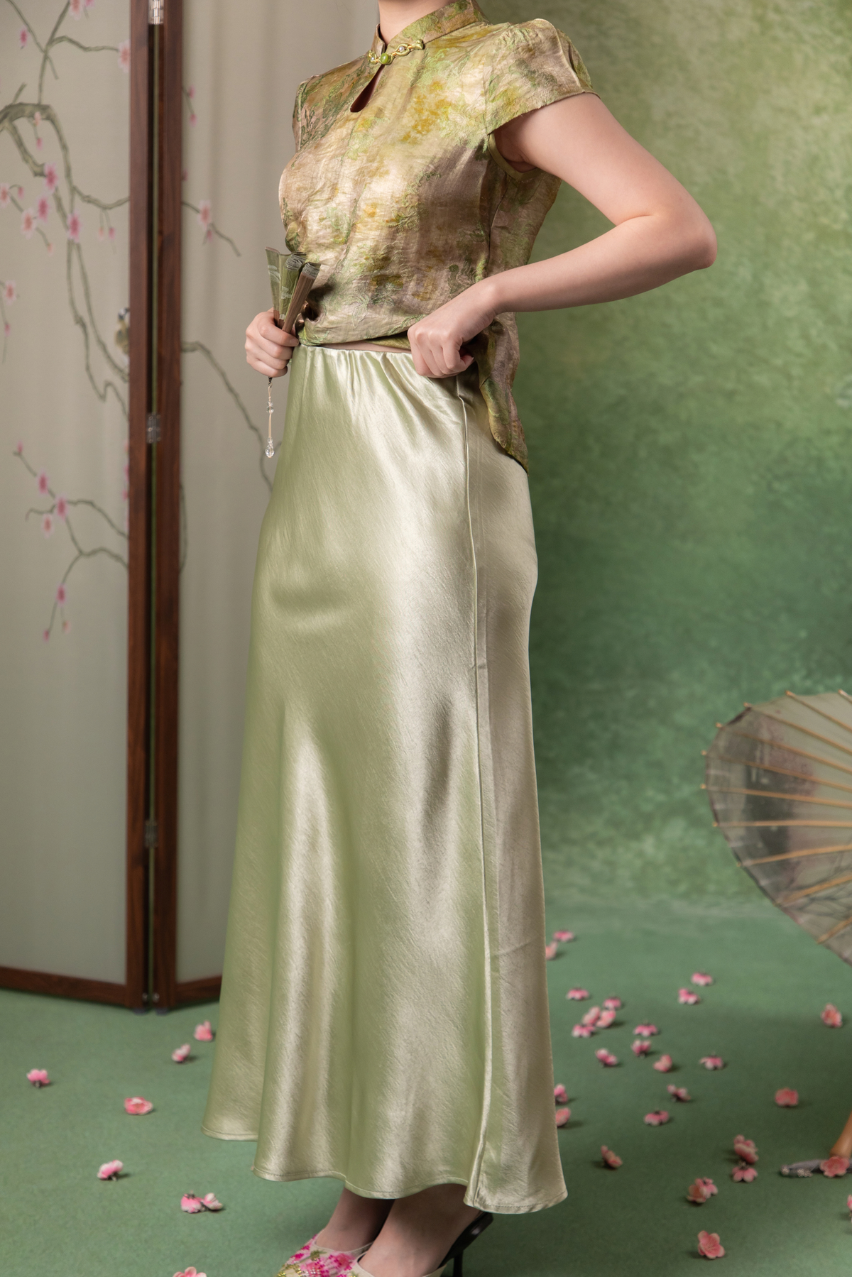 Ivy Dusk Satin Skirt in Sage