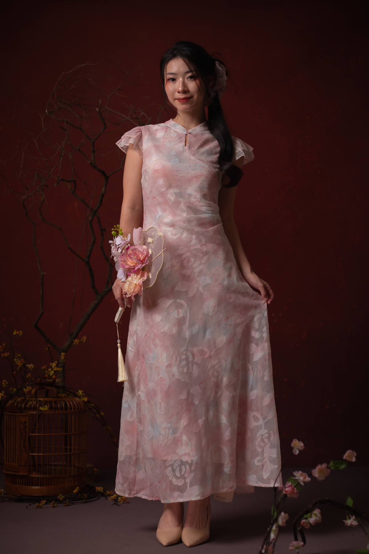 Fleur Rosée Cheongsam Dress in Blush Pink