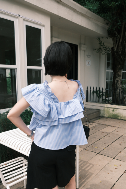 Isla Ruffle Off-Shoulder Top in Dark Blue