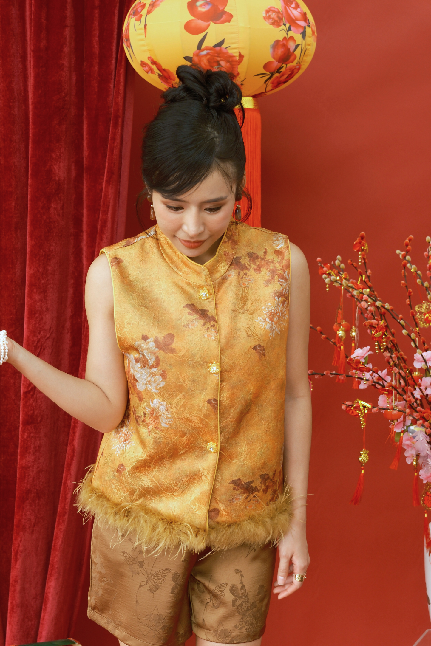 Golden Bloom Feather-Trim Mandarin Vest (In-Stock)