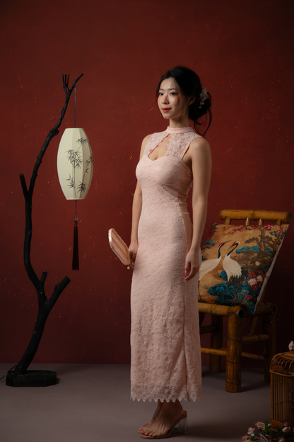 Roselle Lace Cheongsam Dress in Blush Pink