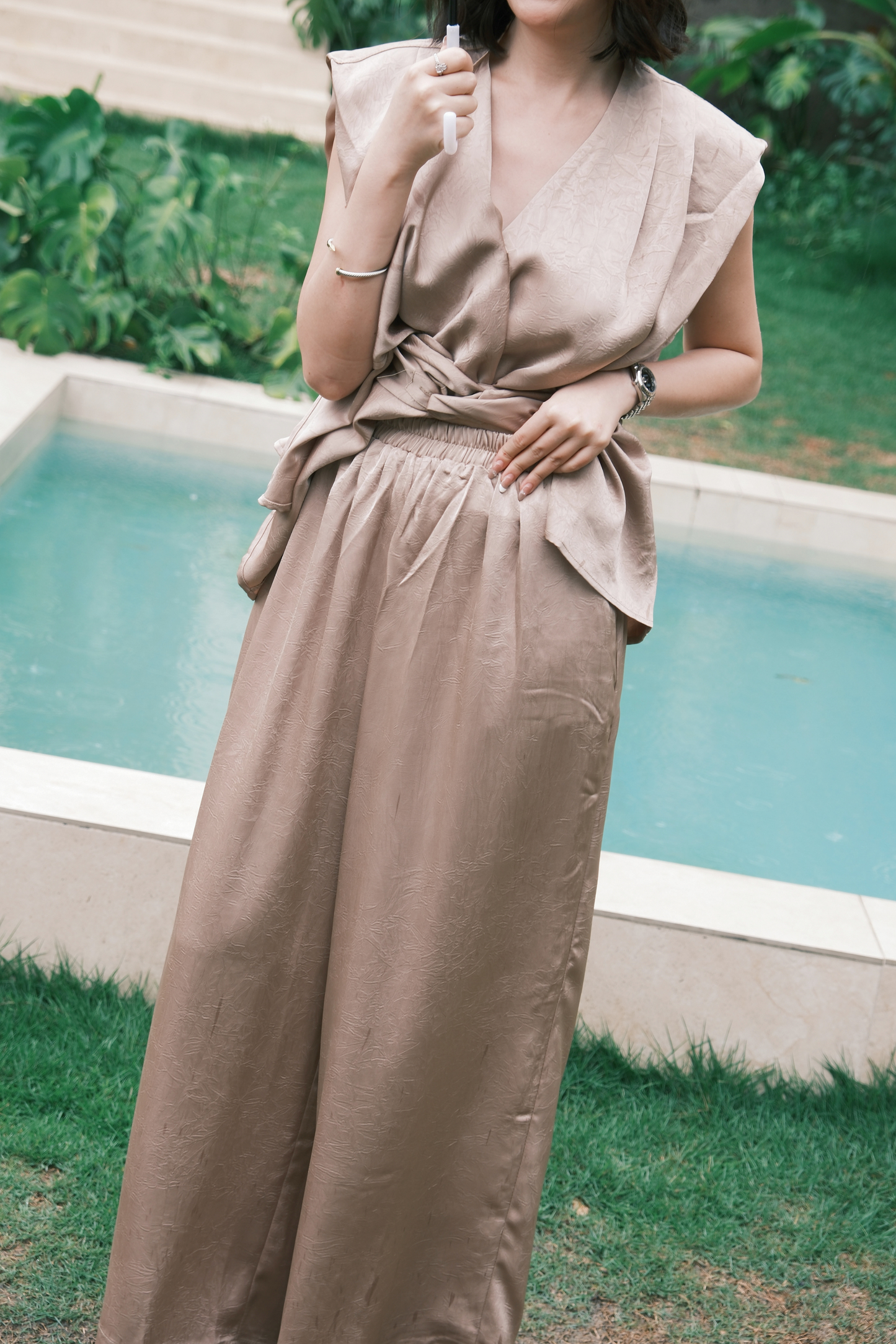 Olienne Satin Wrap Set in Khaki