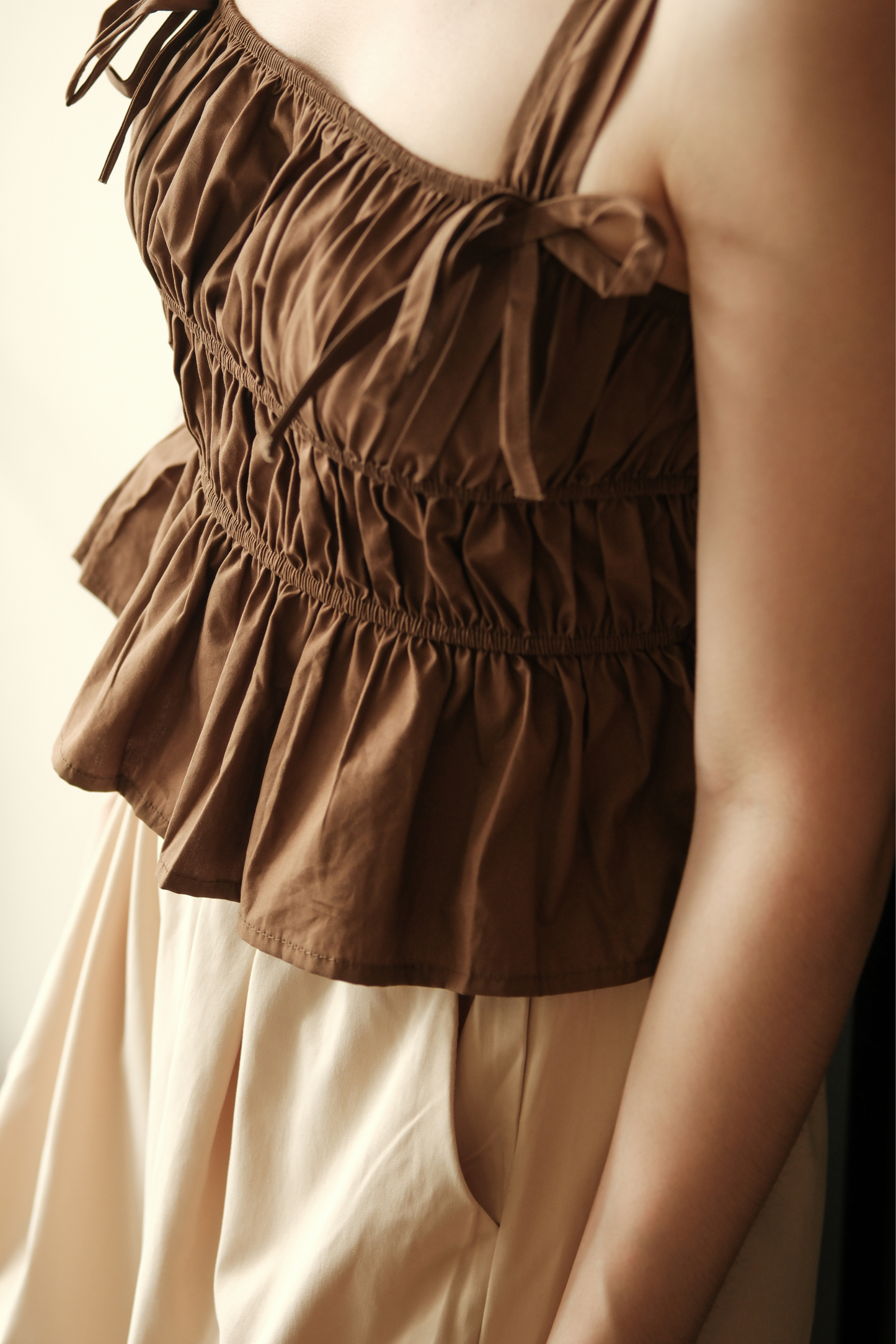 Amélie Ruched Bow Strap Top in Brown