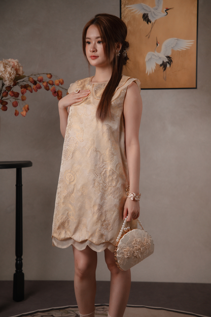 Elara Lotus Cheongsam Dress in Cream