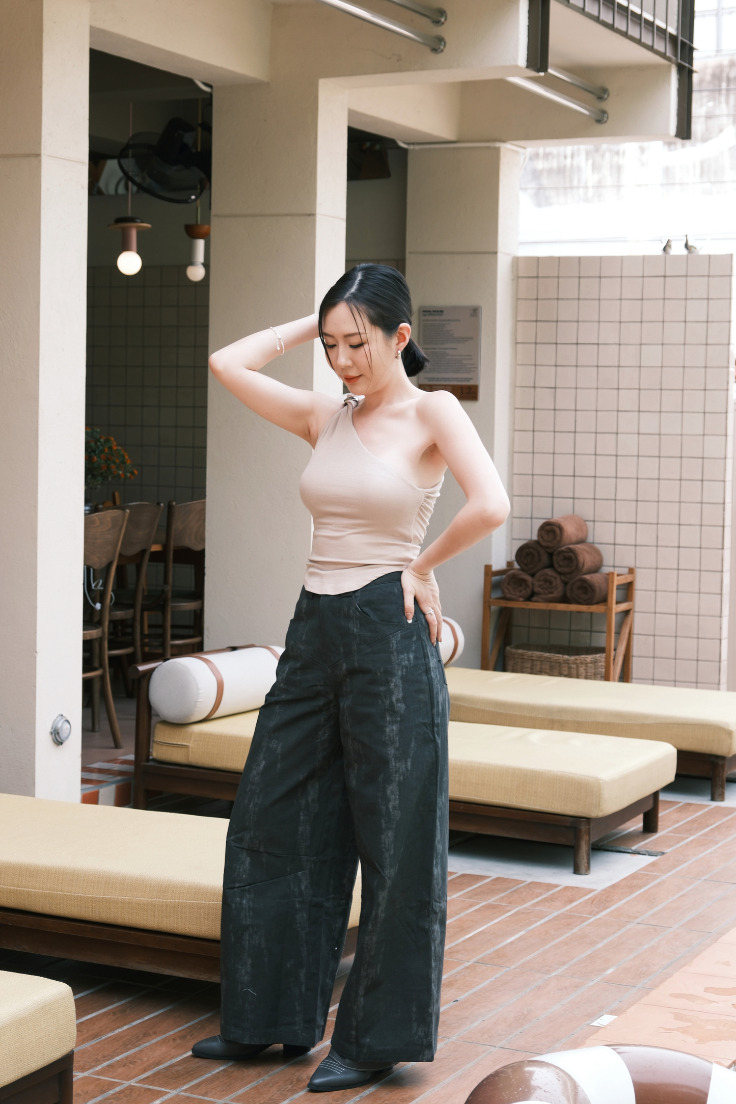 Luna One-Shoulder Sculpt Top in Beige