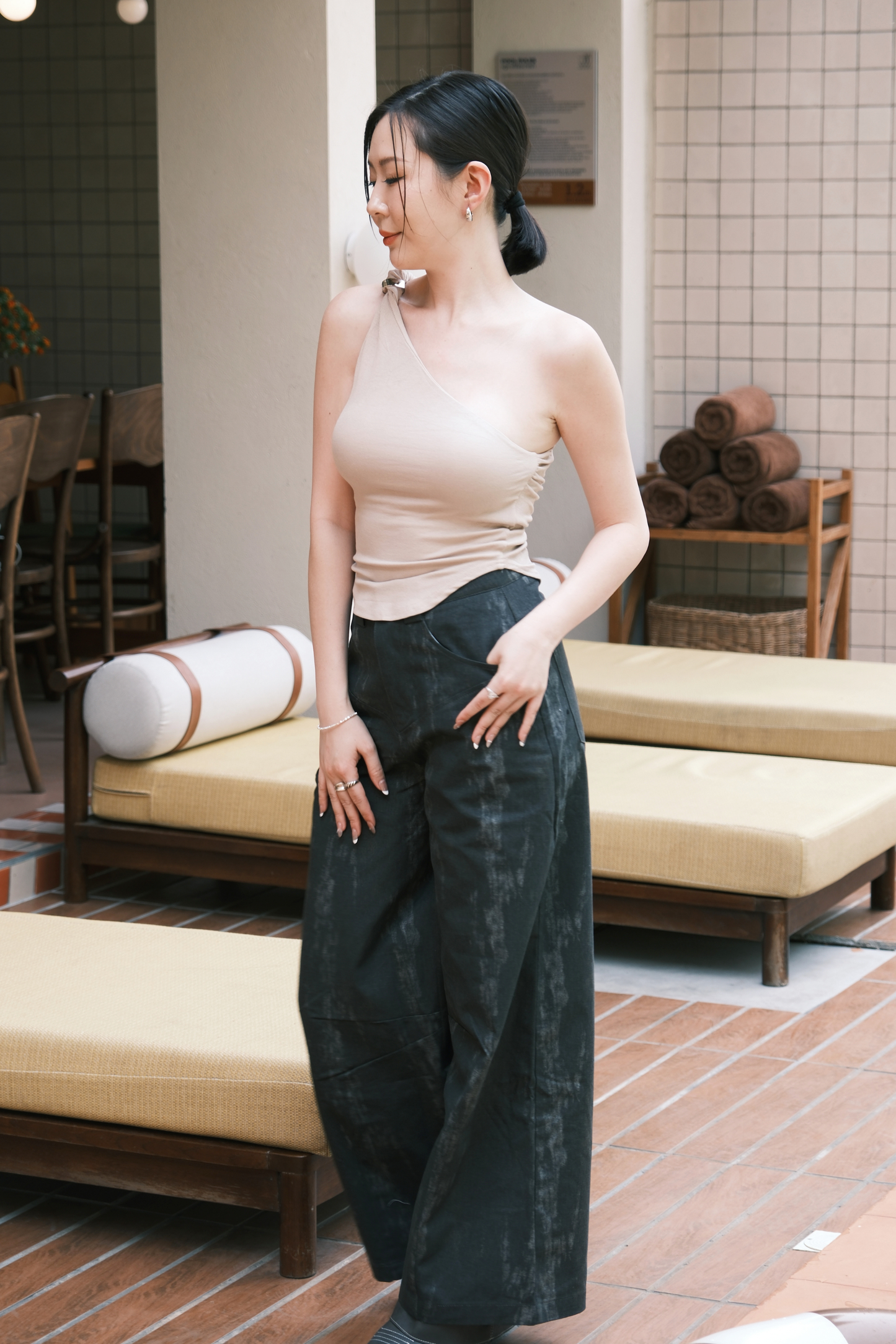 Luna One-Shoulder Sculpt Top in Beige