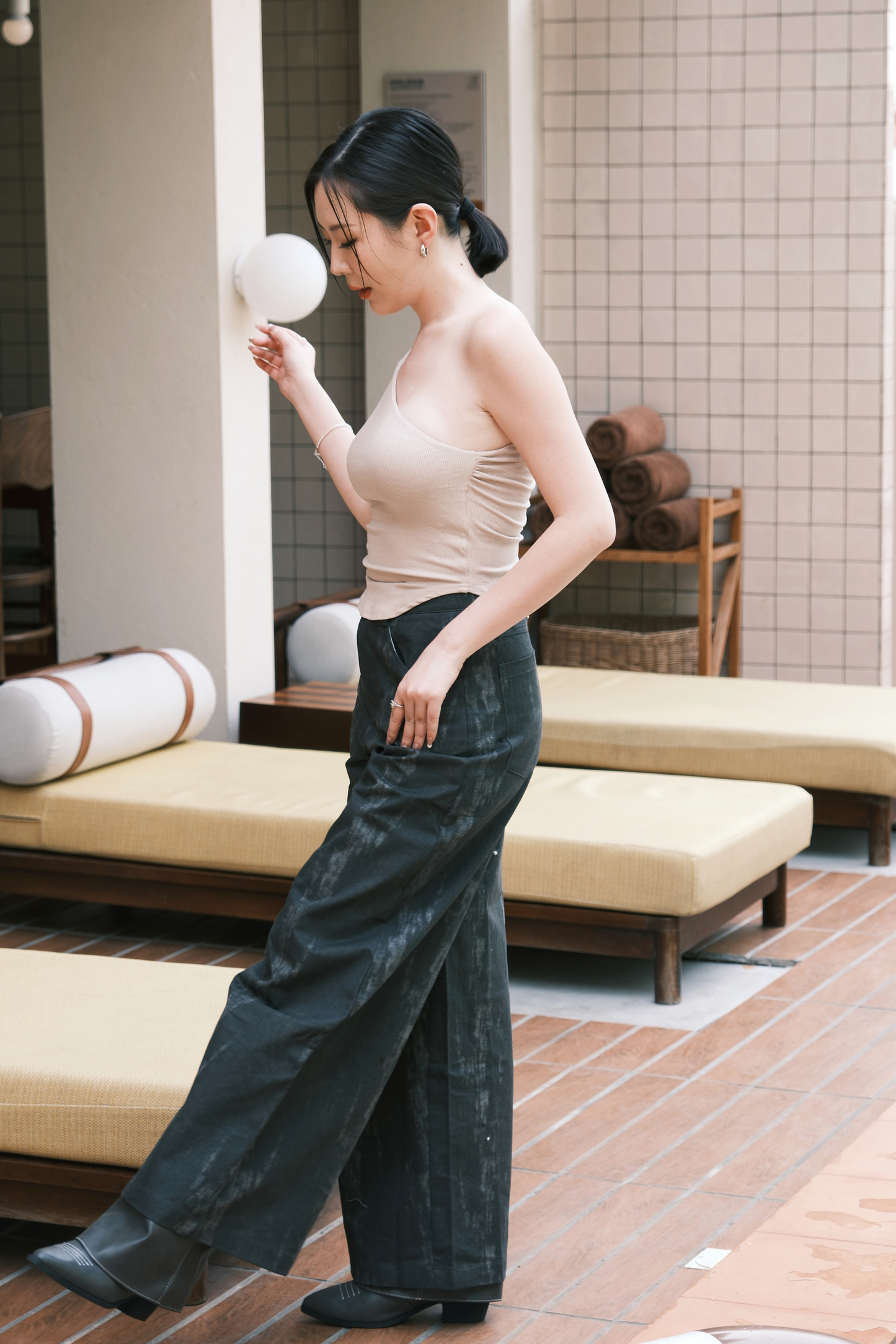 Luna One-Shoulder Sculpt Top in Beige