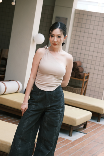 Luna One-Shoulder Sculpt Top in Beige