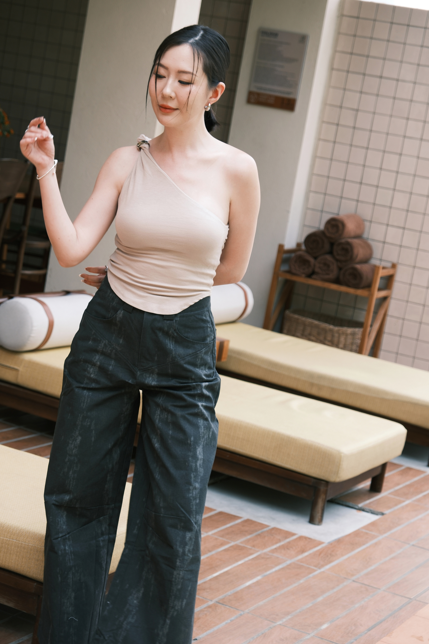 Luna One-Shoulder Sculpt Top in Beige