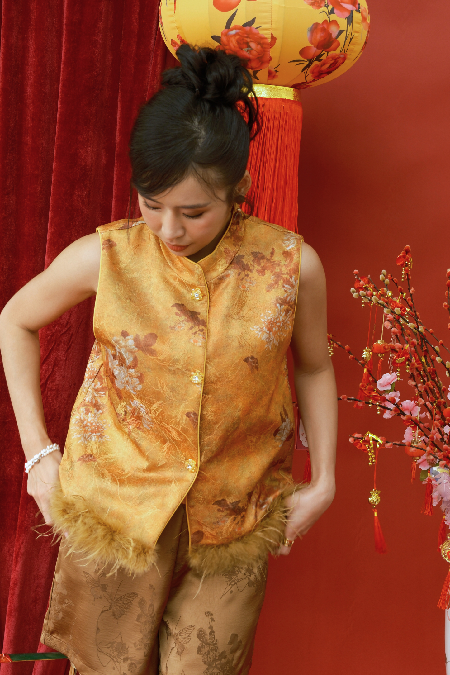 Golden Bloom Feather-Trim Mandarin Vest (In-Stock)