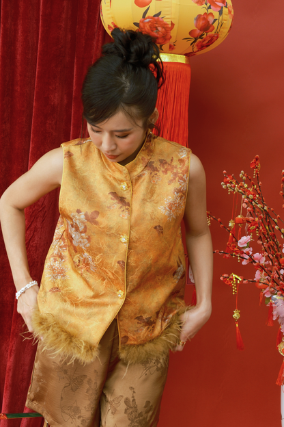 Golden Bloom Feather-Trim Mandarin Vest (In-Stock)
