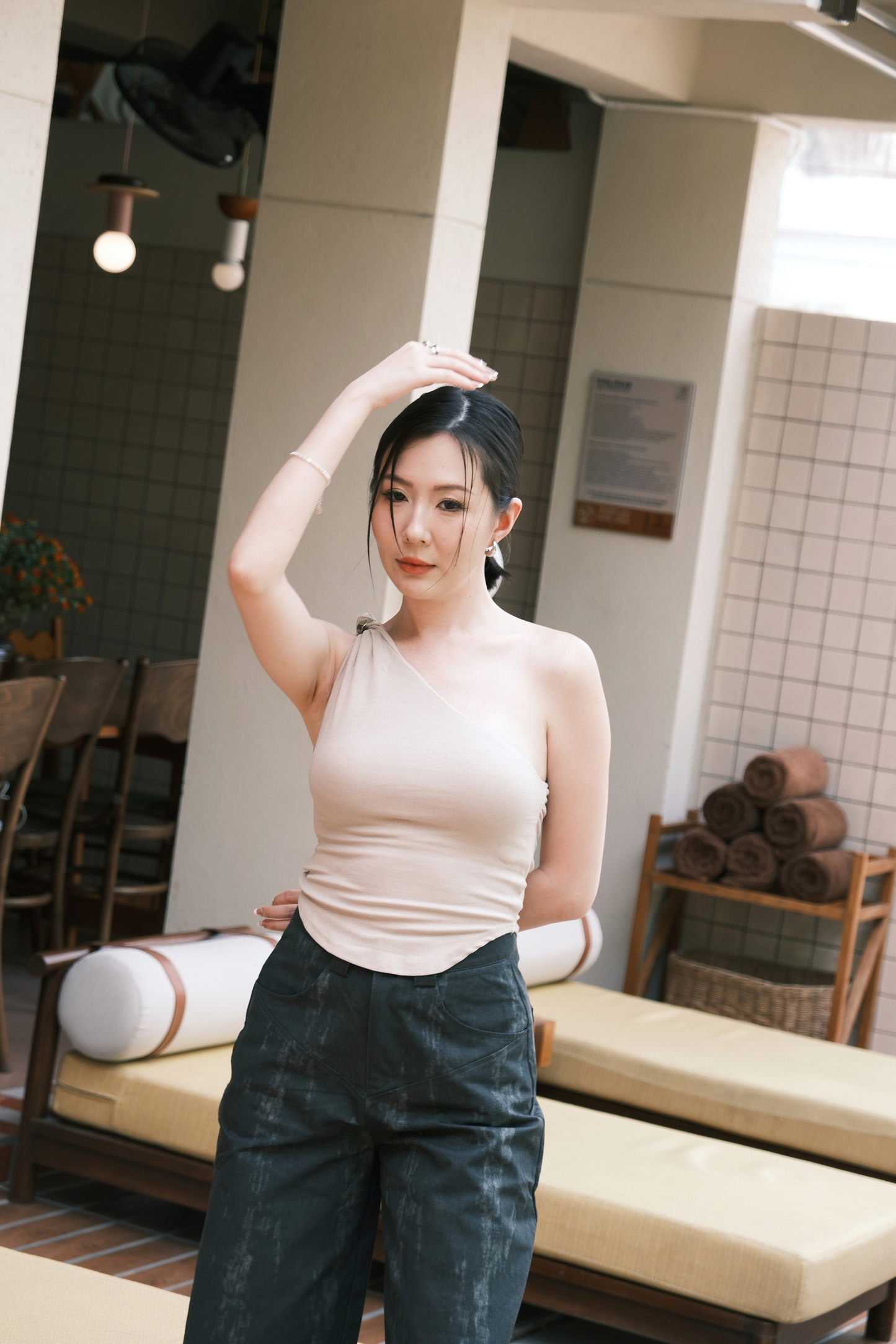 Luna One-Shoulder Sculpt Top in Beige