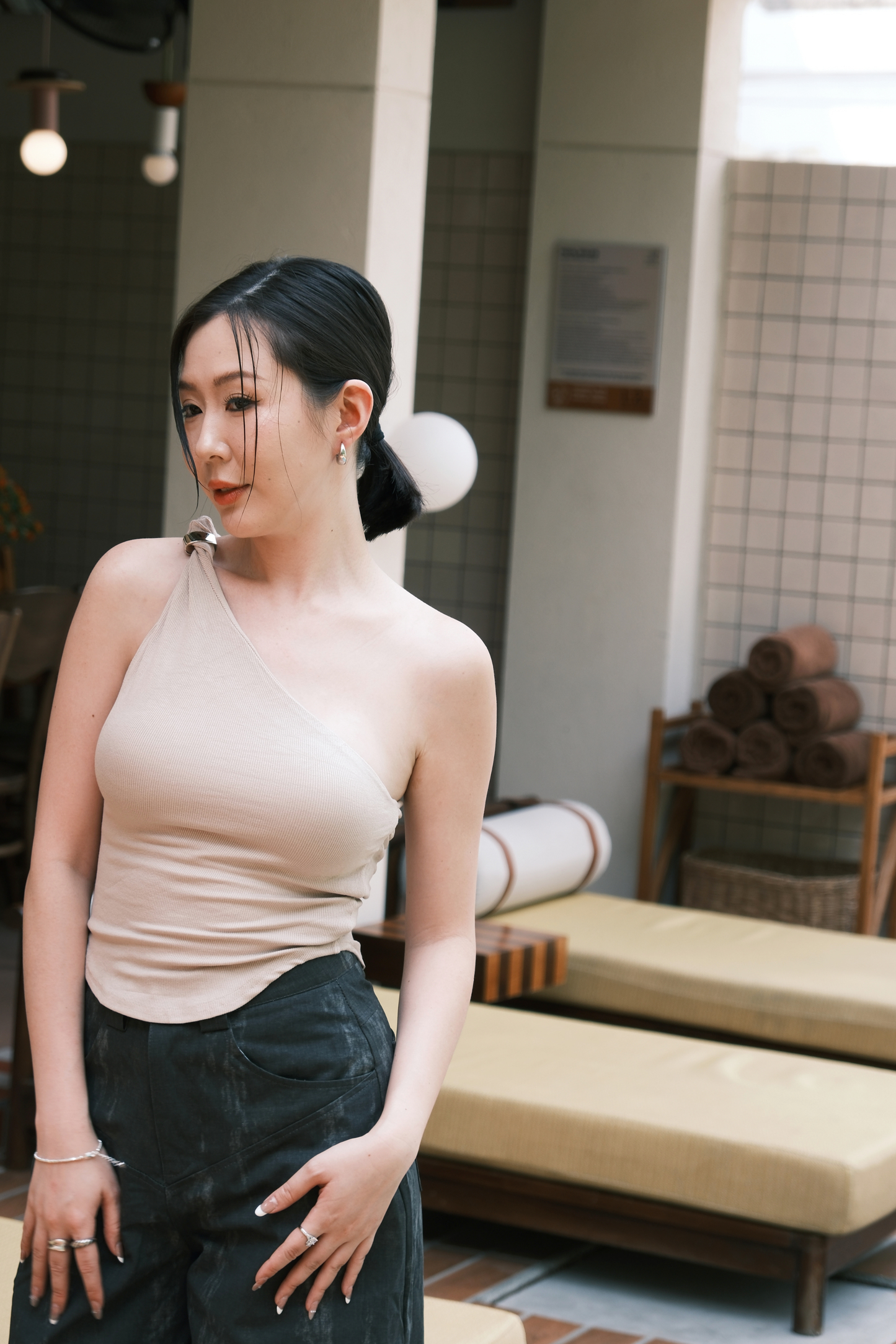 Luna One-Shoulder Sculpt Top in Beige
