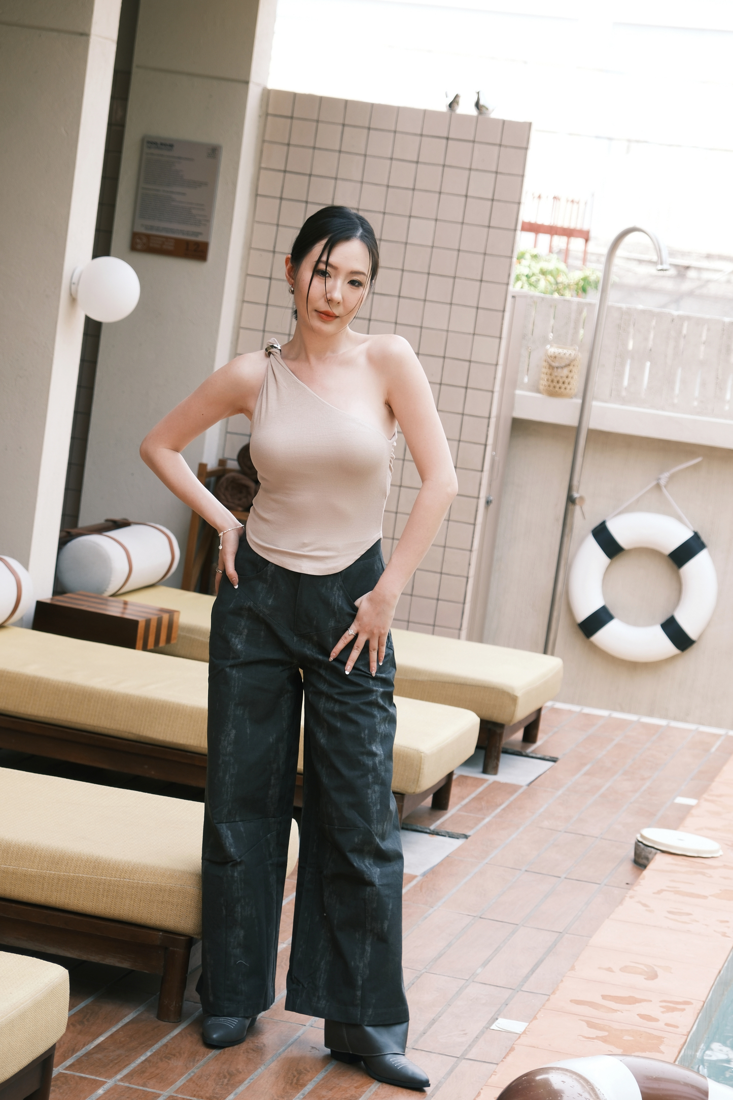 Luna One-Shoulder Sculpt Top in Beige
