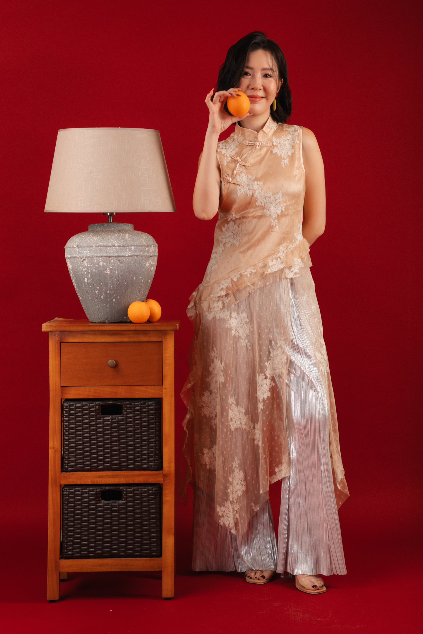 Aurora Sheer Embroidered Cheongsam Top/Pleated Pants