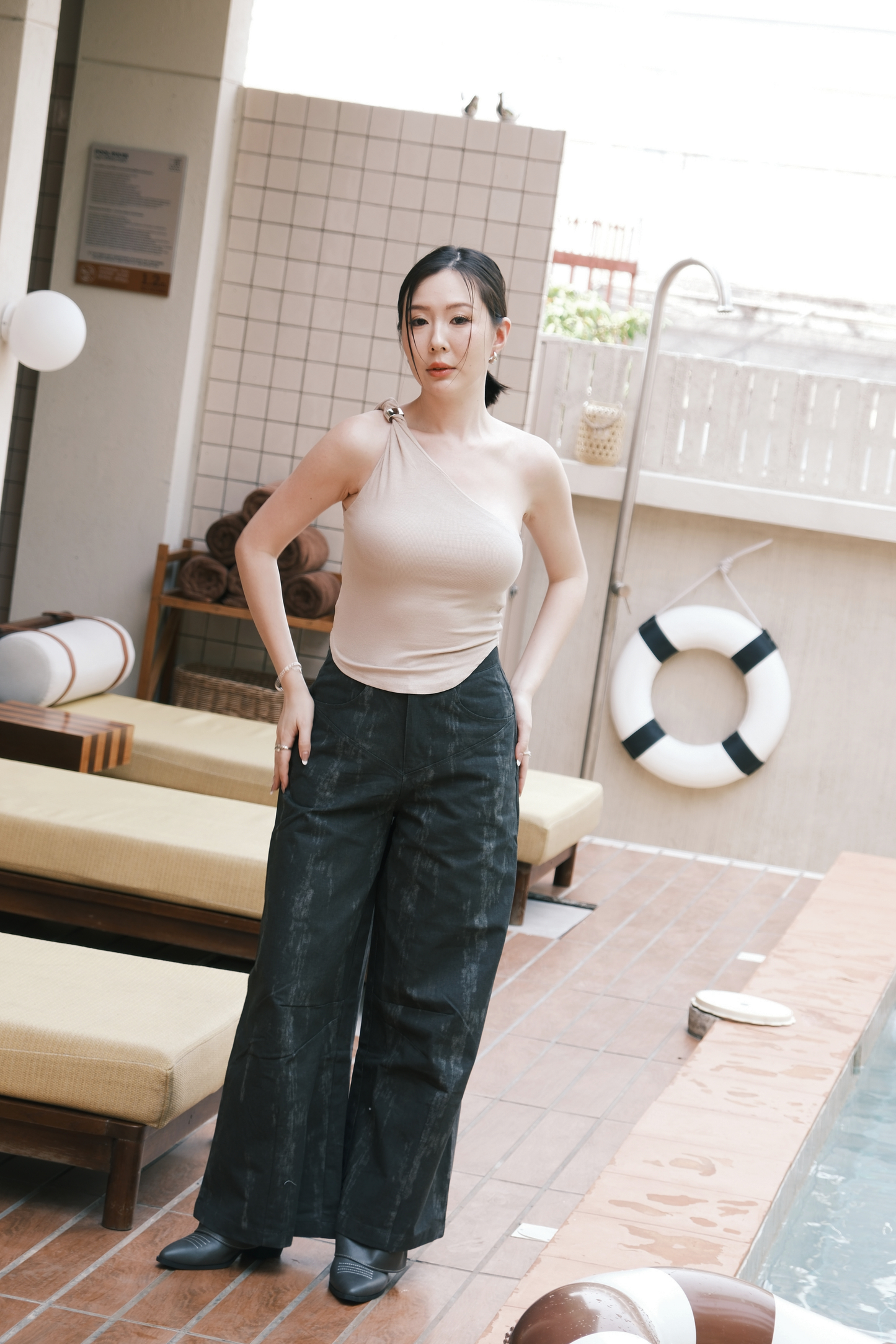 Luna One-Shoulder Sculpt Top in Beige