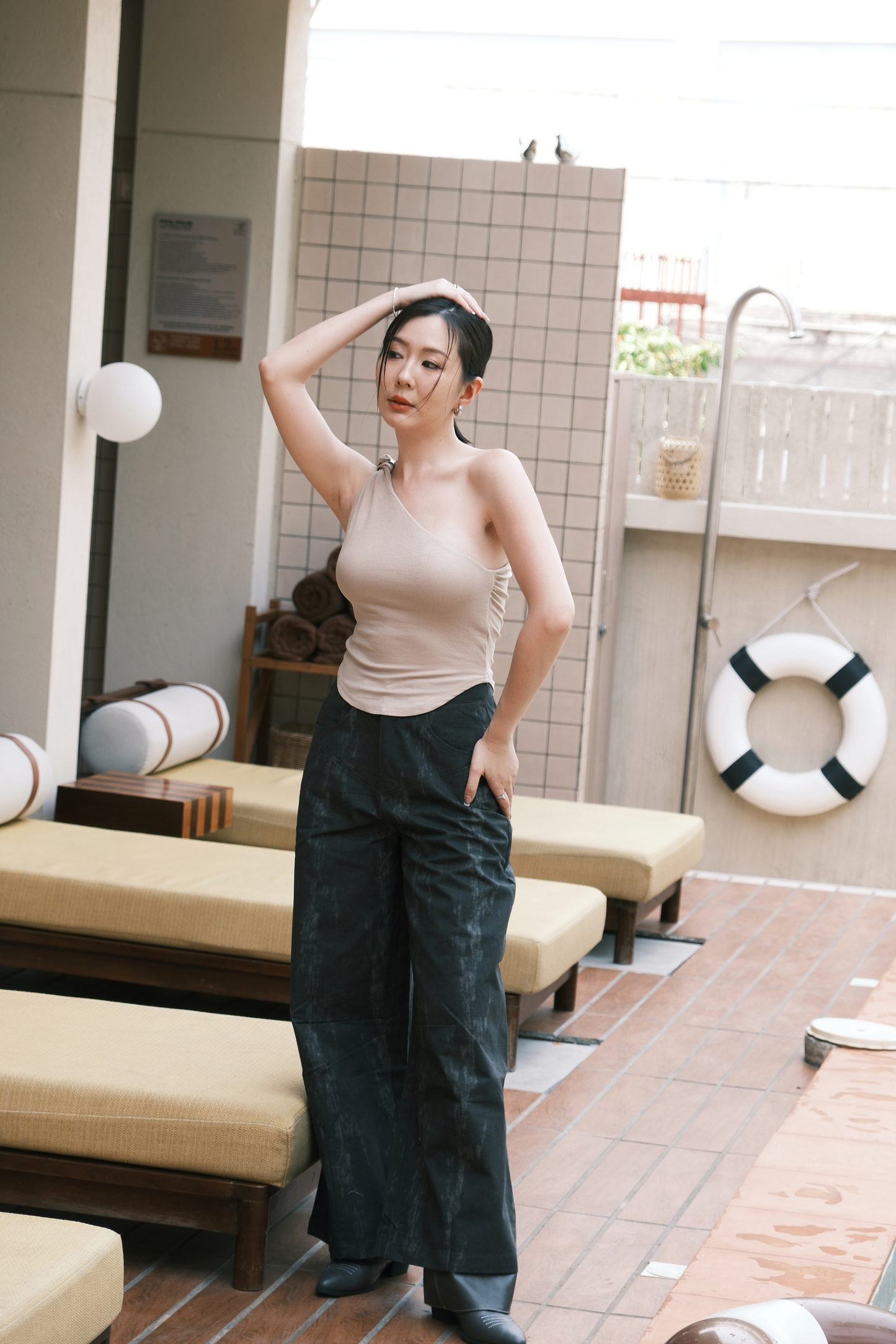 Luna One-Shoulder Sculpt Top in Beige