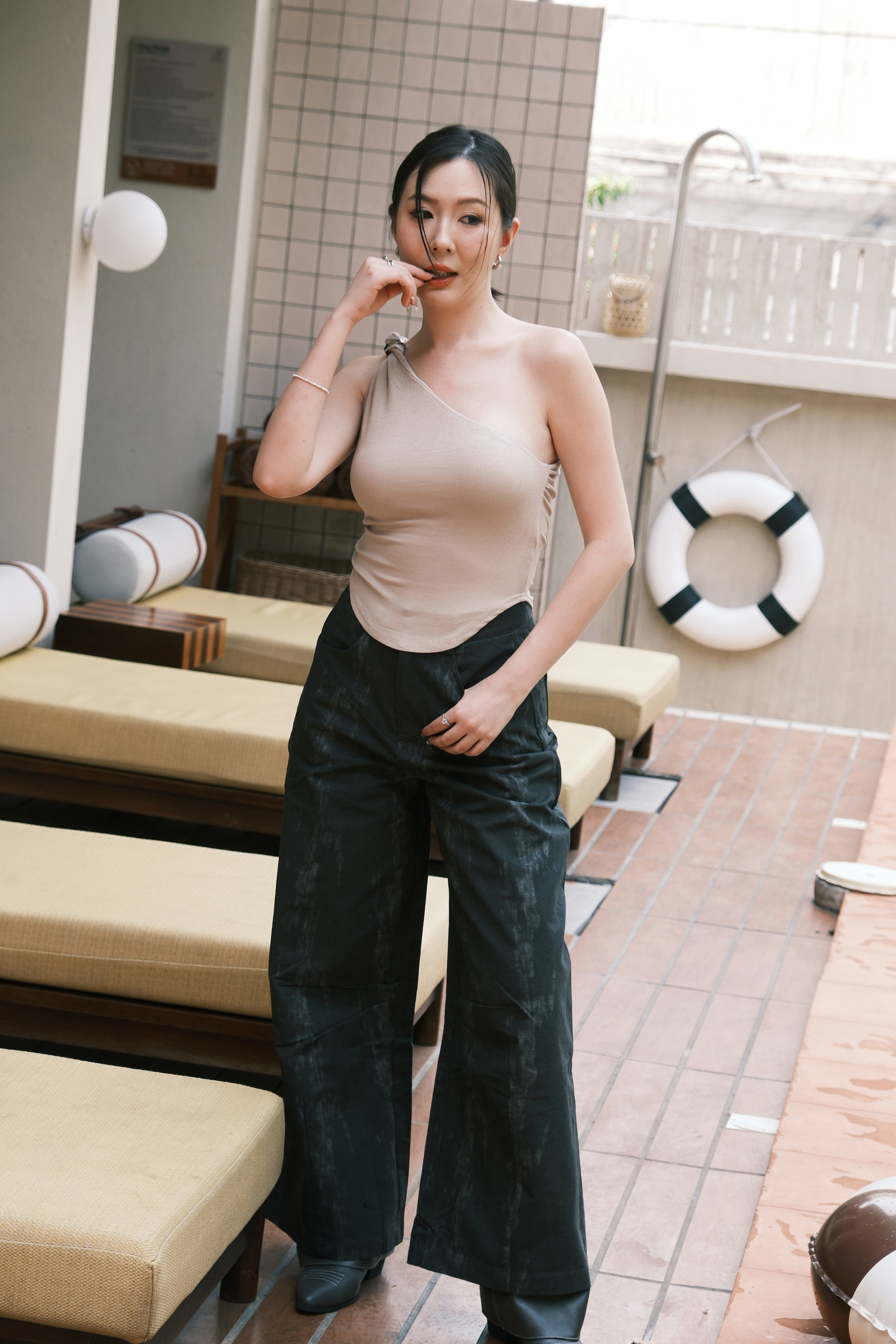 Luna One-Shoulder Sculpt Top in Beige