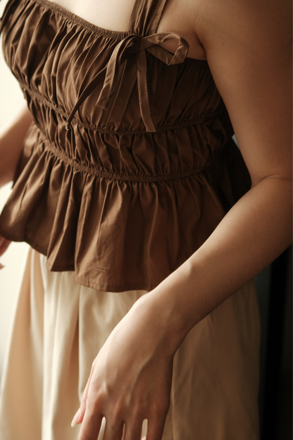 Amélie Ruched Bow Strap Top in Brown