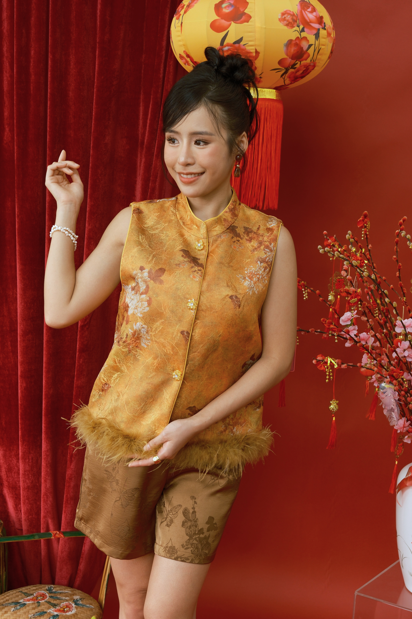 Golden Bloom Feather-Trim Mandarin Vest (In-Stock)