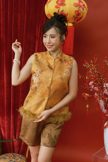 Golden Bloom Feather-Trim Mandarin Vest (In-Stock)