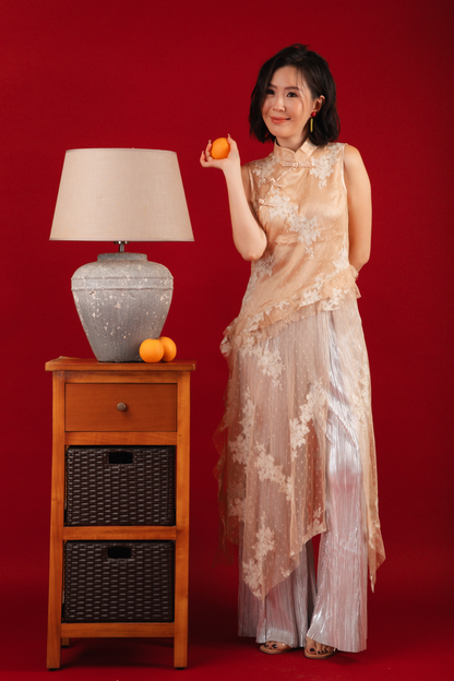 Aurora Sheer Embroidered Cheongsam Top/Pleated Pants