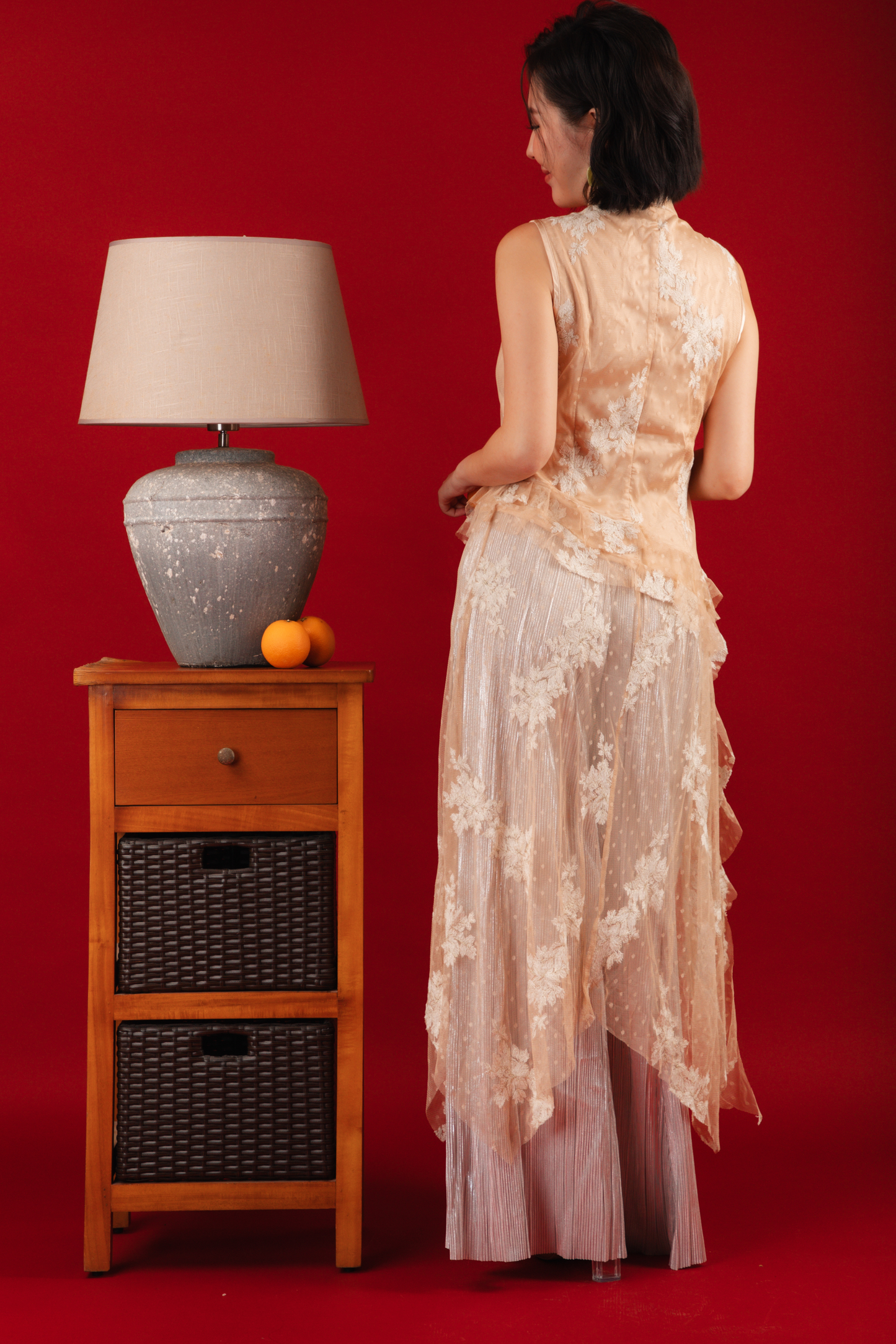 Aurora Sheer Embroidered Cheongsam Top/Pleated Pants