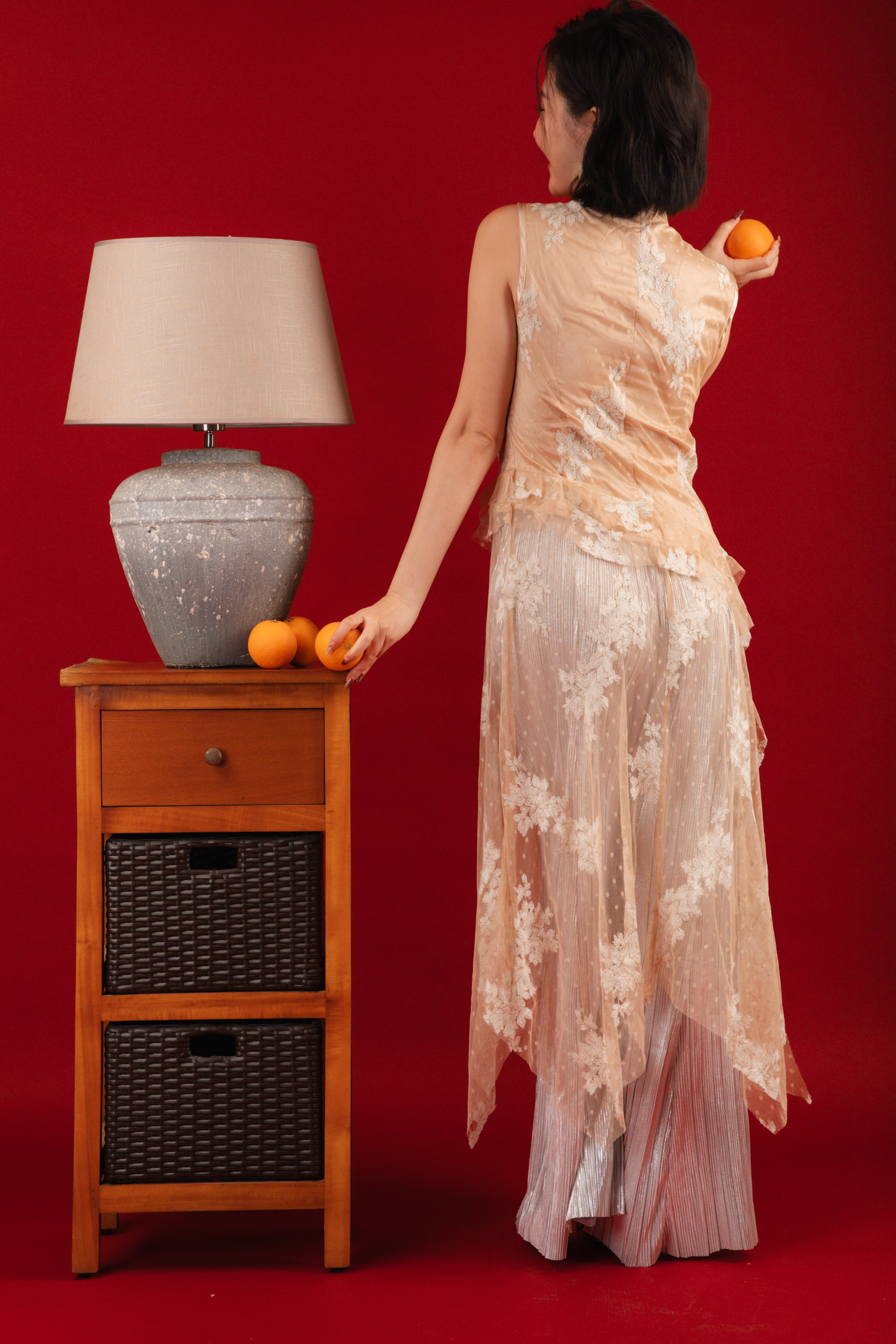 Aurora Sheer Embroidered Cheongsam Top/Pleated Pants