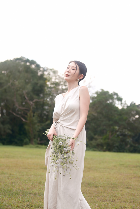 Élise Draped Side-Tie Maxi Dress in Cream