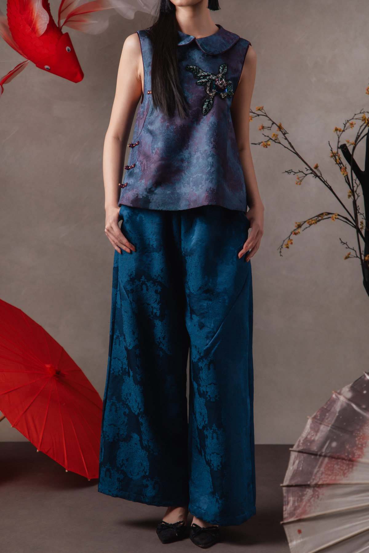 Alessia Damask Wide-Leg Pants in Blue