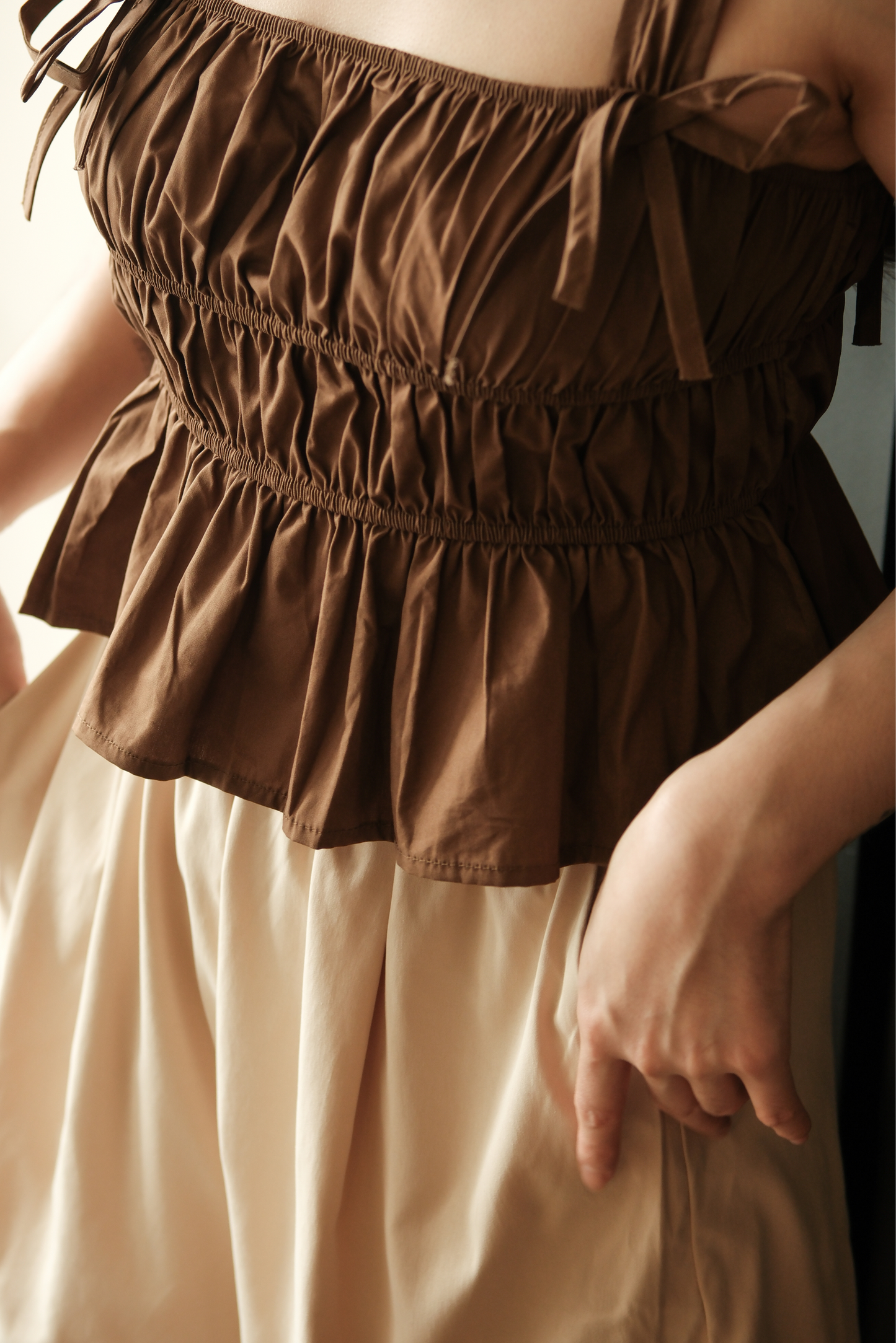 Amélie Ruched Bow Strap Top in Brown