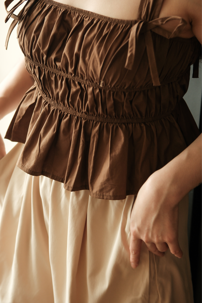 Amélie Ruched Bow Strap Top in Brown