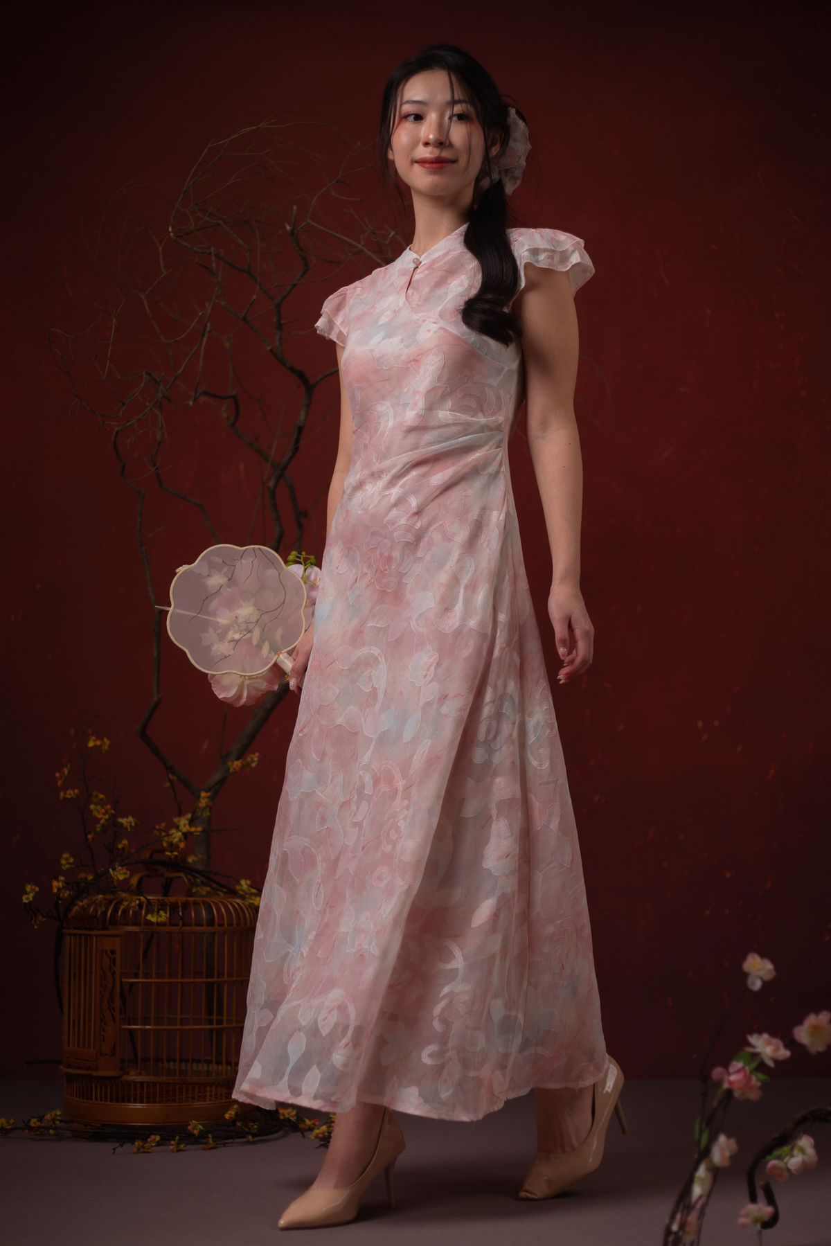 Fleur Rosée Cheongsam Dress in Blush Pink