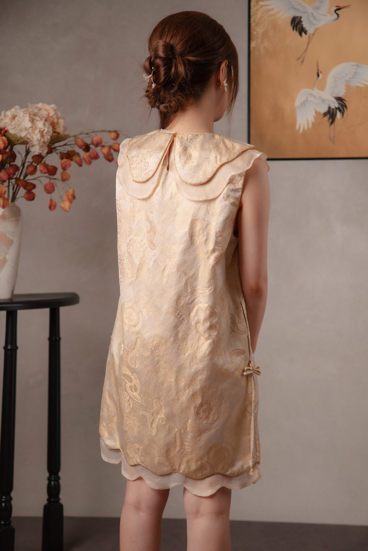 Elara Lotus Cheongsam Dress in Cream