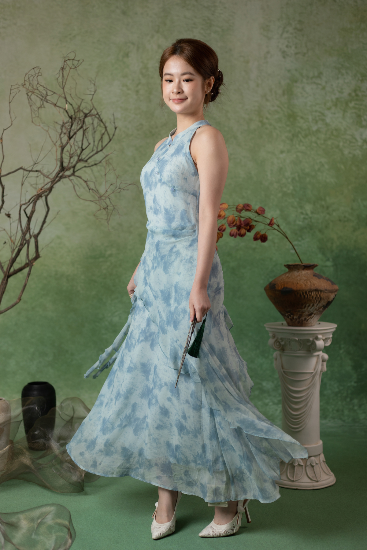 Rosalie Rêve Ruffle Cheongsam Dress in Dusty Blue