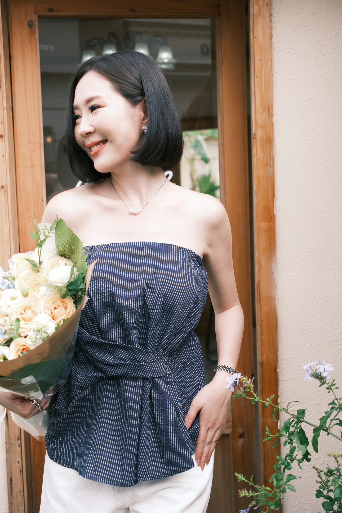 Éloise Strapless Pinstripe Peplum Top in Blue