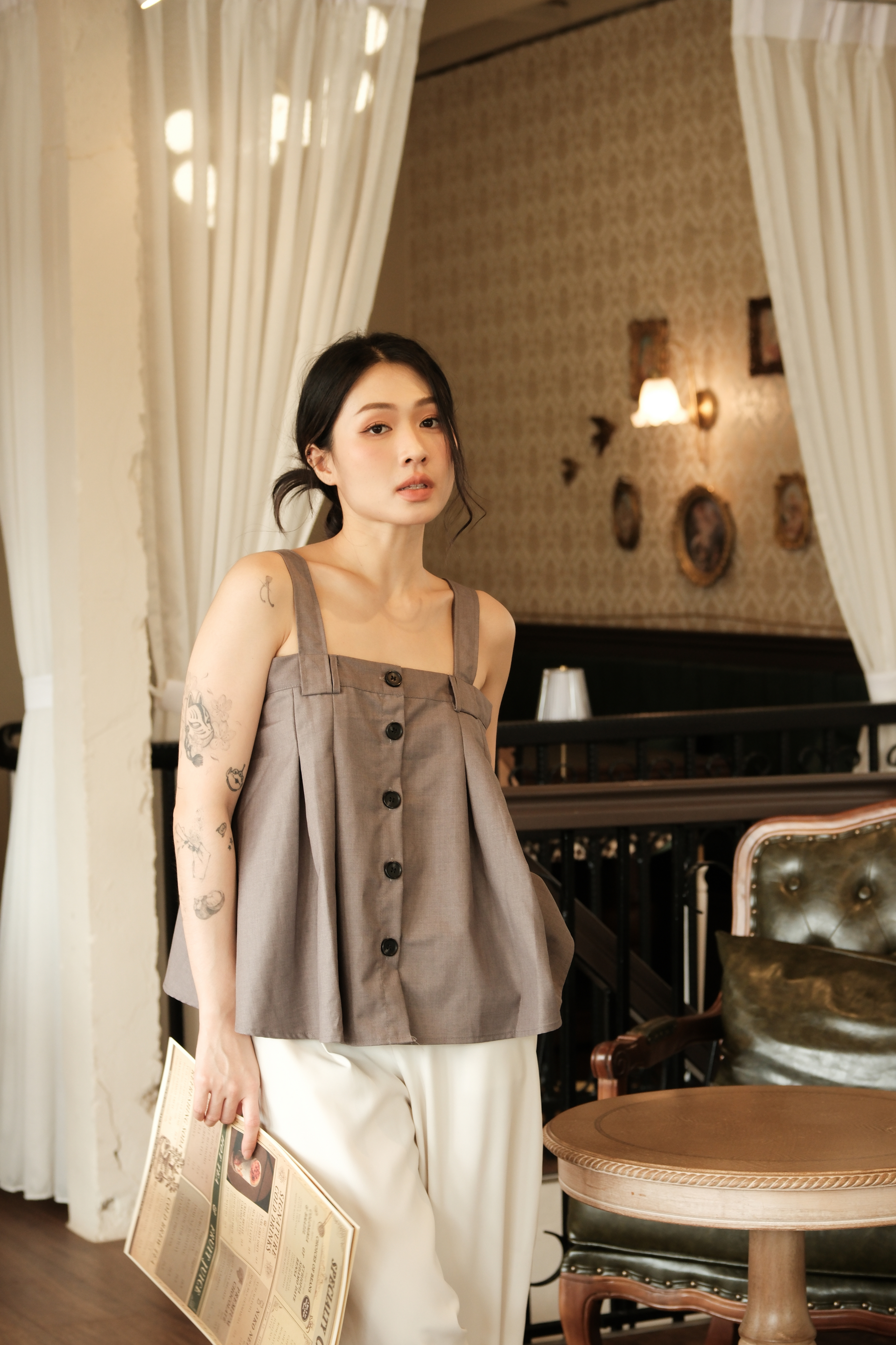 Sabine Button-Front Swing Cami Top in Grey – Belle Club