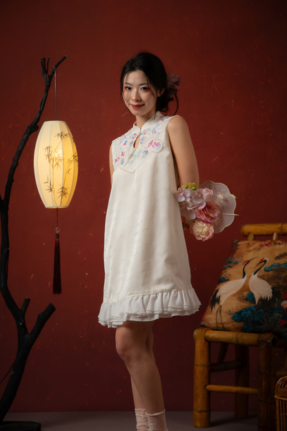 Butterfly Bloom Ruffle Cheongsam Dress in White