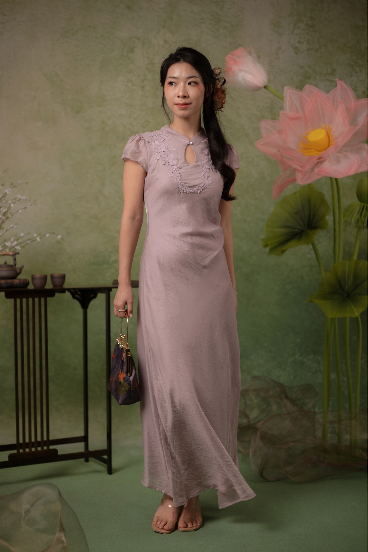 Serene Bloom Cheongsam Dress in Dusty Mauve