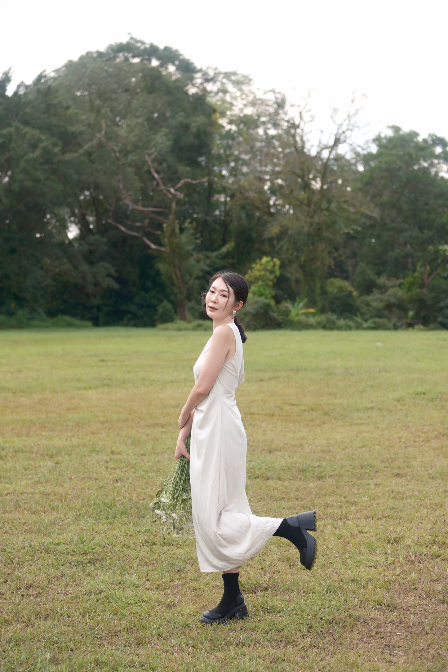 Élise Draped Side-Tie Maxi Dress in Cream