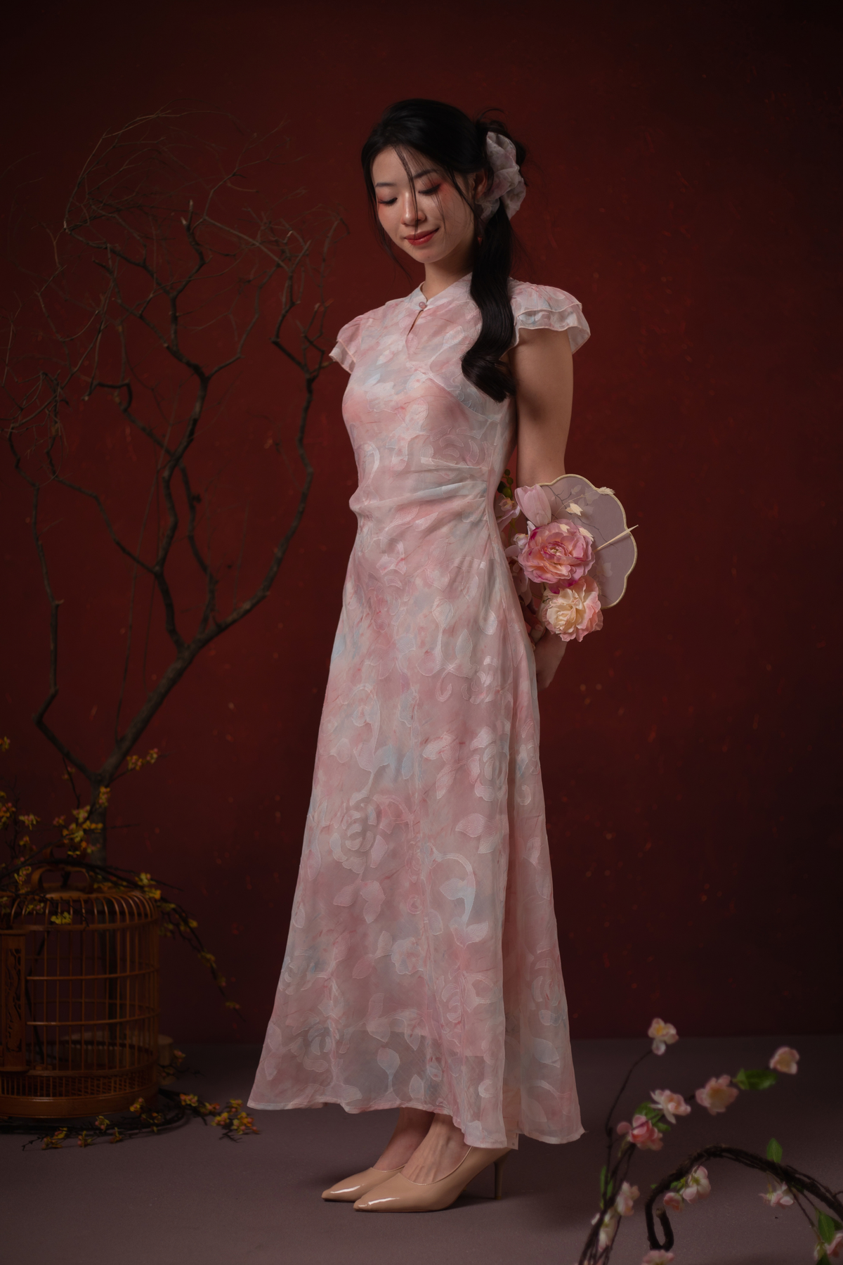 Fleur Rosée Cheongsam Dress in Blush Pink
